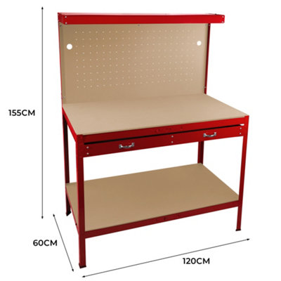 Workbench with Pegboard, Drawer and Light - Red