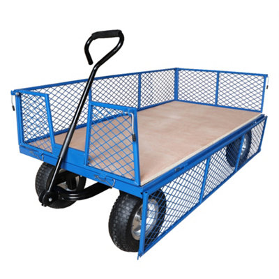 Workhorse Heavy-Duty Industrial Platform Truck With Mesh Sides, Plywood Base, 500kg Capacity, Pneumatic Wheels, Foam Loop Handle