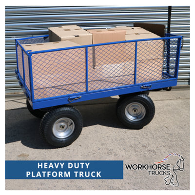 Workhorse Heavy Duty Industrial Platform Truck With Mesh Sides, Plywood Base, 500kg Capacity, Puncture-Proof Wheels & Loop Handle