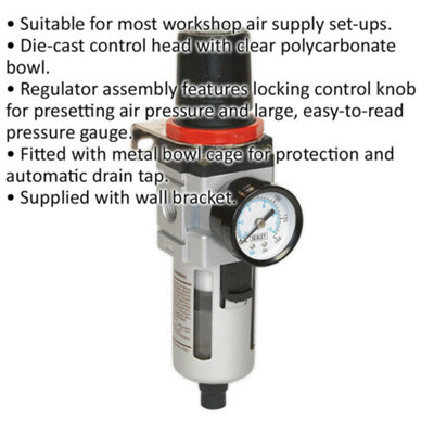 Workshop Air Filter & Regulator - Pressure Gauge - 3/8" BSP - Wall Bracket