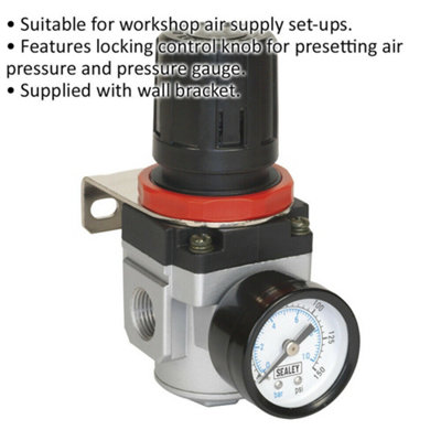 Workshop Air Supply Regulator - 80cfm Max Airflow - 3/8" BSP - Wall Bracket