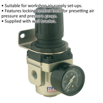 Workshop Air Supply Regulator - 88cfm Max Airflow - 1/4" BSP - Wall Bracket