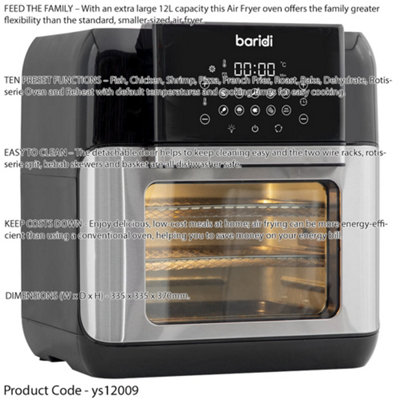 Worktop Air Fryer & Rotisserie Oven - 1500W 12L - Black & Silver Easy Clean