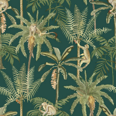 World of Wallpaper Amazonia Monkey Trees Wallpaper Emerald Green (50291-BUR)