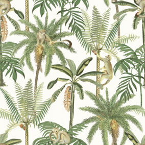 World of Wallpaper Amazonia Monkey Trees Wallpaper White (50290-BUR)