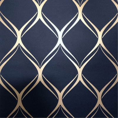 World of Wallpaper Clifton Wave Geometric Wallpaper Navy/Gold (WOW41964-BUR)