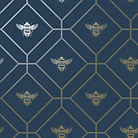 World of Wallpaper Honeycomb Bee Wallpaper Navy (50401-BUR)