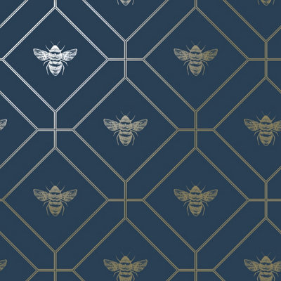 World of Wallpaper Honeycomb Bee Wallpaper Navy (50401-BUR)