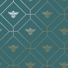 World of Wallpaper Honeycomb Bee Wallpaper Teal (50400-BUR)