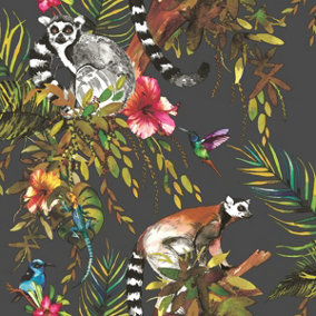 World of Wallpaper Lemur Wallpaper Black/Multi (50160-BUR)