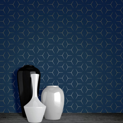 World of Wallpaper Metro Illusion Geometric Wallpaper Navy/Gold (A362.AG-BUR)