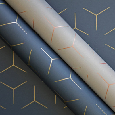 World of Wallpaper Metro Illusion Geometric Wallpaper Navy/Gold (A362.AG-BUR)