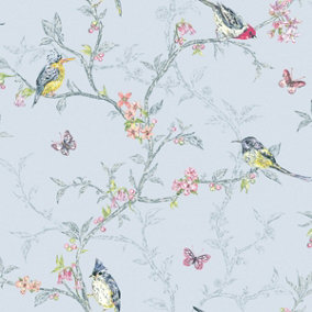 World of Wallpaper Phoebe Birds Wallpaper Blue (50140-BUR)