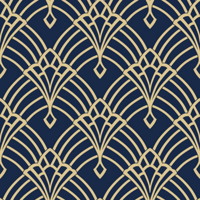 World of Wallpaper Waldorf Wallpaper Navy/Gold (274447-BUR)