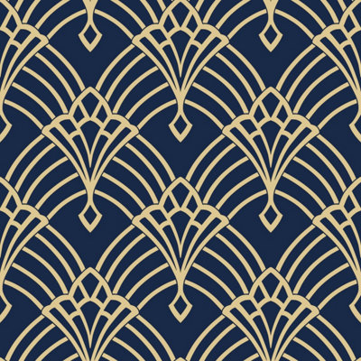 World of Wallpaper Waldorf Wallpaper Navy/Gold (274447-BUR)