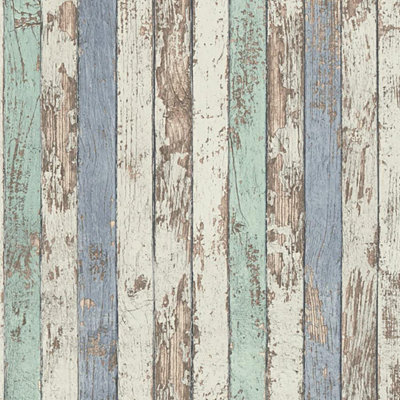 Worn Wood Panel Effect Wallpaper A.S Creation White Blue Textured Vinyl