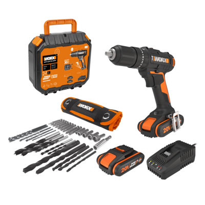WORX 20V Combi Drill with 2 x 2.0Ah Batteries, 60min 2A Charger & 30pcs Accessory Set WX370