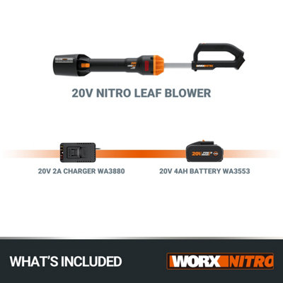 WORX Nitro 20V Cordless Leaf Blower 1pc 4.0AH Battery Charger Included 2 Speed Control Brushless Motor 2.0 WG543E