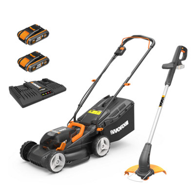 WORX WG927E Cordless Twin Pack 40V 34cm Lawn Mower and 20V 25cm Grass Trimmer Combo Kit with 2 x 2.0Ah Batteries and Charger