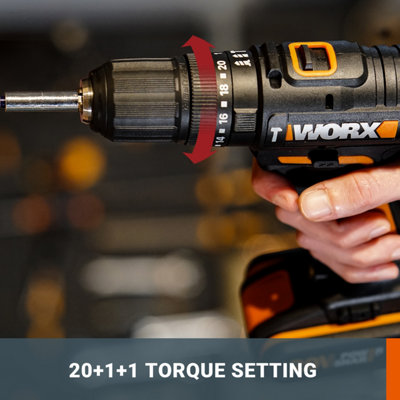 WORX WX370 20V Combi Drill with 2 x 2.0Ah Batteries, 60min 2A Charger & 30pcs Accessory Set