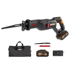 WORX WX516 20V Cordless Brushless Reciprocating Saw with quick change blade system, x1 4.0Ah battery and fast charger