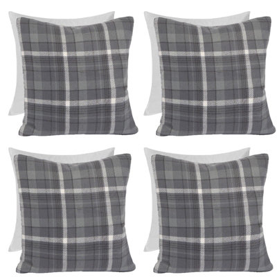 Woven Check Cushion Covers Tartan Pack of 4 Filled Pillow, 45 x 45cm - Charcoal