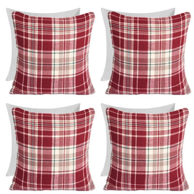 Woven Check Cushion Covers Tartan Pack of 4 Filled Pillow, 45 x 45cm - Red