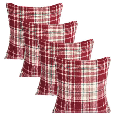 Woven Check Cushion Covers Tartan Pack of 4 Pillow, 45 x 45cm - Red