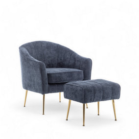 Woven Chenille Blue Barcelona Accent Chair with Footstool