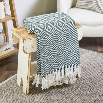 Woven Indoor Outdoor Washable Diamond Cuddly Throw Dark Green - 130cm x 180cm