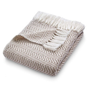 Woven Indoor Outdoor Washable Herringbone Cuddly Throw Natural - 130cm x 180cm