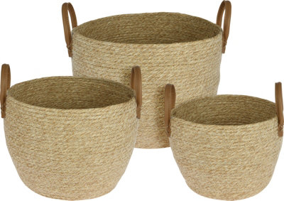Woven Natural Storage Baskets Set of 3 Round Home Organiser Storage Toys Logs Towels  Bathroom Clothes