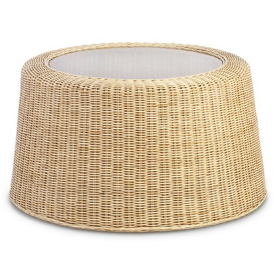 Woven Round Natural Rattan Coffee Table with Glass Top