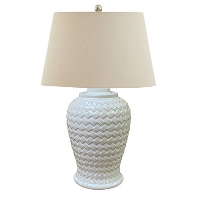 Woven Table Lamp with Linen Shade - Ceramic - L40 x W40 x H74 cm - White