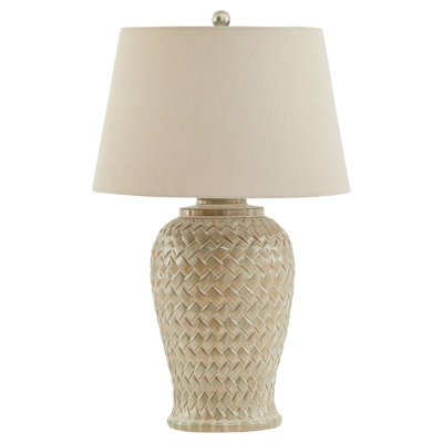 Woven Table Lamp with Linen Shade - Ceramic - L40 x W40 x H74 cm - White