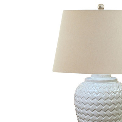 Woven Table Lamp with Linen Shade - Ceramic - L40 x W40 x H74 cm - White