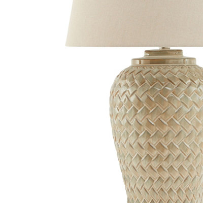 Woven Table Lamp with Linen Shade - Ceramic - L40 x W40 x H74 cm - White - 3