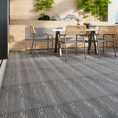 WPC Decking Tile Set Dark Grey Wood Grain Effect Floor Tiles Set
