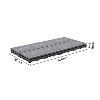 WPC Decking Tile Set Dark Grey Wood Grain Effect Floor Tiles Set - 6