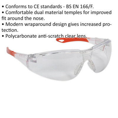Wraparound Safety Spectacles - Clear Anti Scratch Lens - Comfortable Fit