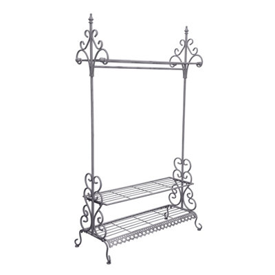 Wrought Iron Clothes Rail & Shoe Rack Distressed Antique Grey