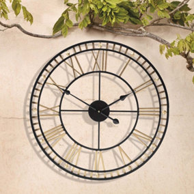 Wyegate Outdoor Garden Wall Clock Large Weatherproof with Roman Numerals, Diameter 60.3 x H4 cm (Black & Gold)