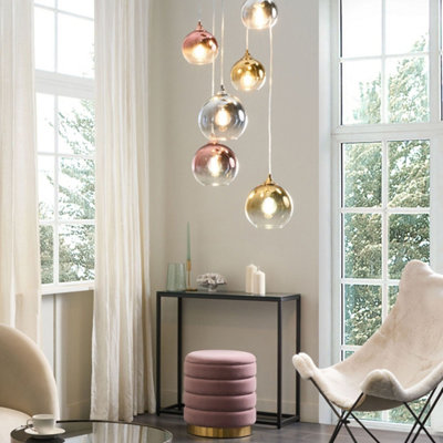 Wyld and Coco 6-Light Pendant Lamp - Semi-Transparent Brass Glass Shades, Adjustable Height, Contemporary
