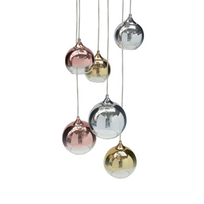 Wyld and Coco 6-Light Pendant Lamp - Semi-Transparent Brass Glass Shades, Adjustable Height, Contemporary
