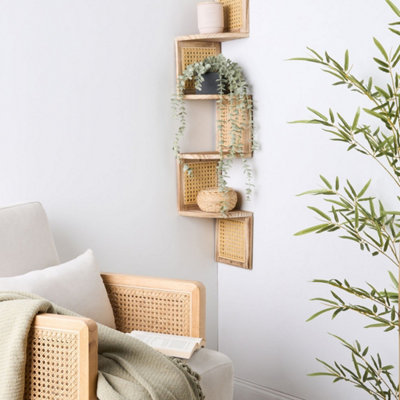 Wyld and Coco Corner Wall Bookcase 4-Tier Light Brown Paulownia Wood, Narrow Corner Shelving (W19 x D19 x H101cm)