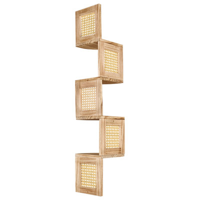 Wyld and Coco Corner Wall Bookcase 4-Tier Light Brown Paulownia Wood, Narrow Corner Shelving (W19 x D19 x H101cm)