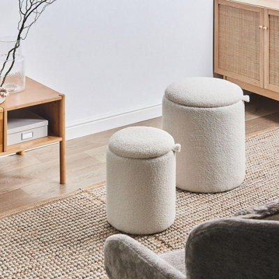 Wyld and Coco Living Boucle Pouffes Set of 2 Off-White Round Ottomans ...