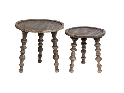 Wyld and Coco Mango Wood Co Set of 2 Round Side Tables, Dark Matt Finish, Traditional Carved Legs, 46 x 46 x 44 cm