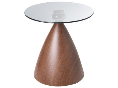 Wyld and Coco Mid-Century Modern Small Round Side Table - Brown Wood-Effect Cone Base, Black Iron Frame, Tempered Glass Top (45cm)