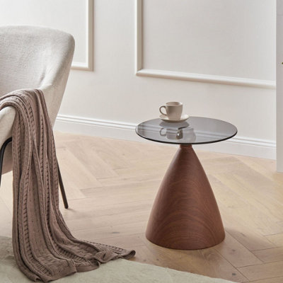 Wyld and Coco Mid-Century Modern Small Round Side Table - Brown Wood-Effect Cone Base, Black Iron Frame, Tempered Glass Top (45cm)
